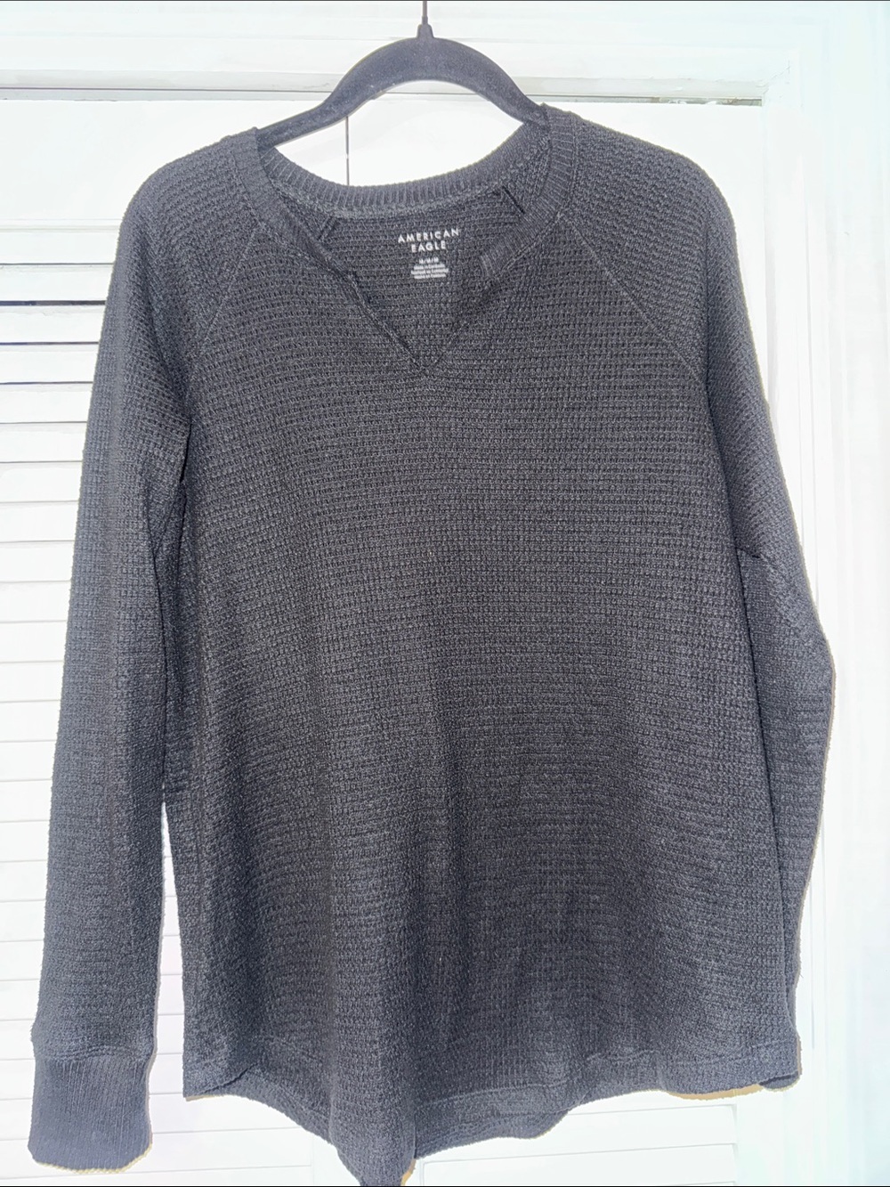 American Eagle Black Waffle Knit V-Notch Crew Top